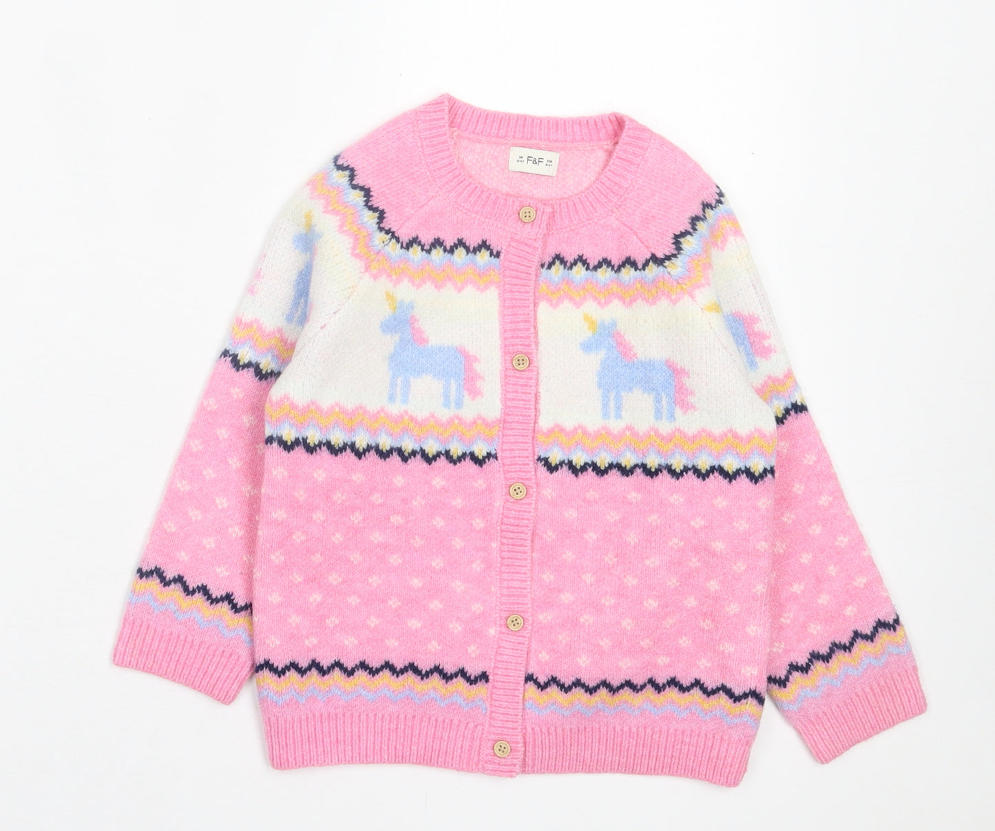 TU Girls Pink Crew Neck Geometric Polyester Cardigan Jumper Size 3-4 Years Button - Unicorn