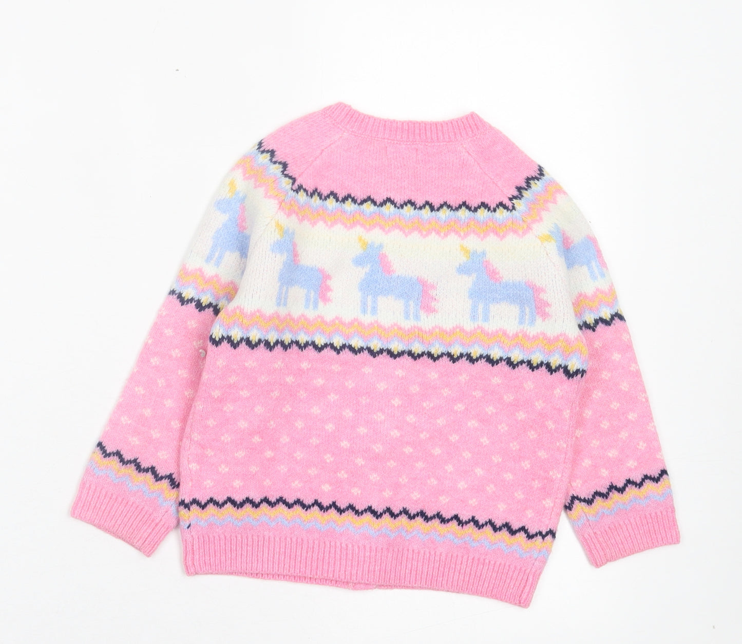 TU Girls Pink Crew Neck Geometric Polyester Cardigan Jumper Size 3-4 Years Button - Unicorn