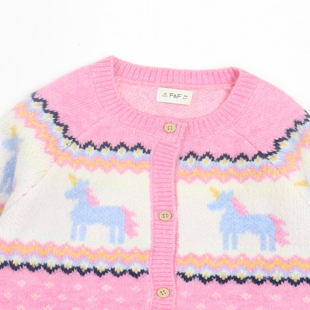 TU Girls Pink Crew Neck Geometric Polyester Cardigan Jumper Size 3-4 Years Button - Unicorn