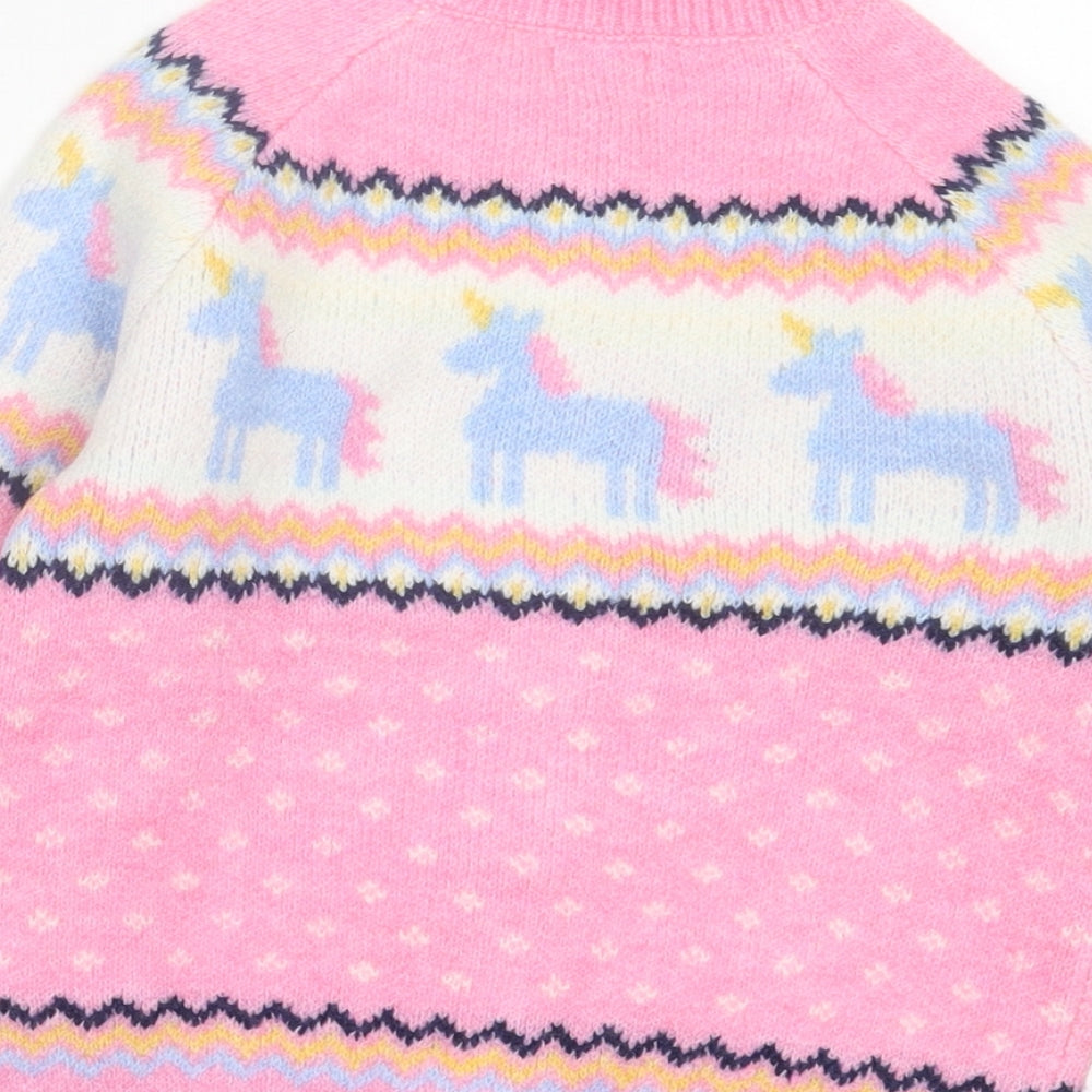 TU Girls Pink Crew Neck Geometric Polyester Cardigan Jumper Size 3-4 Years Button - Unicorn