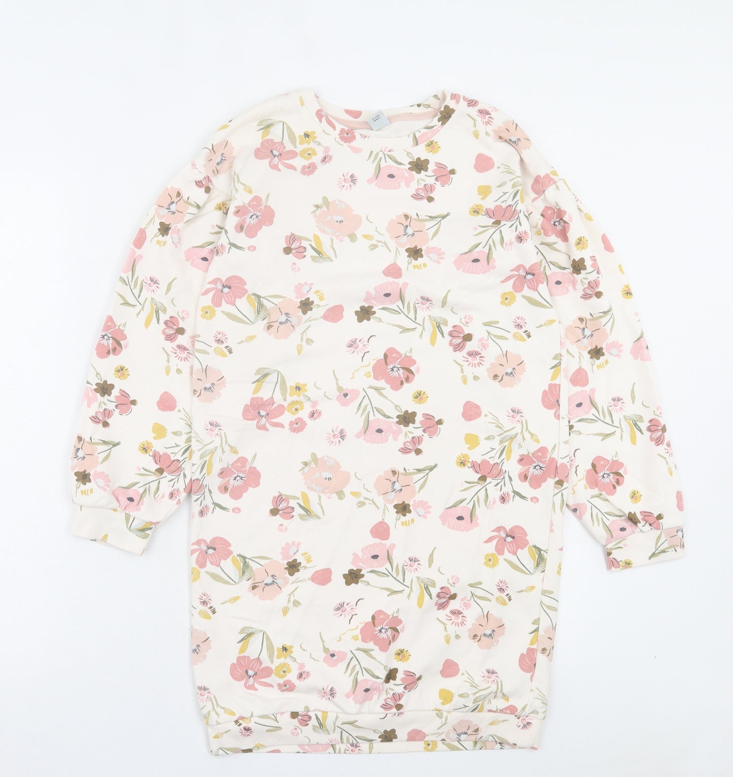 TU Girls Pink Floral Cotton Jumper Dress Size 11 Years Crew Neck Pullover
