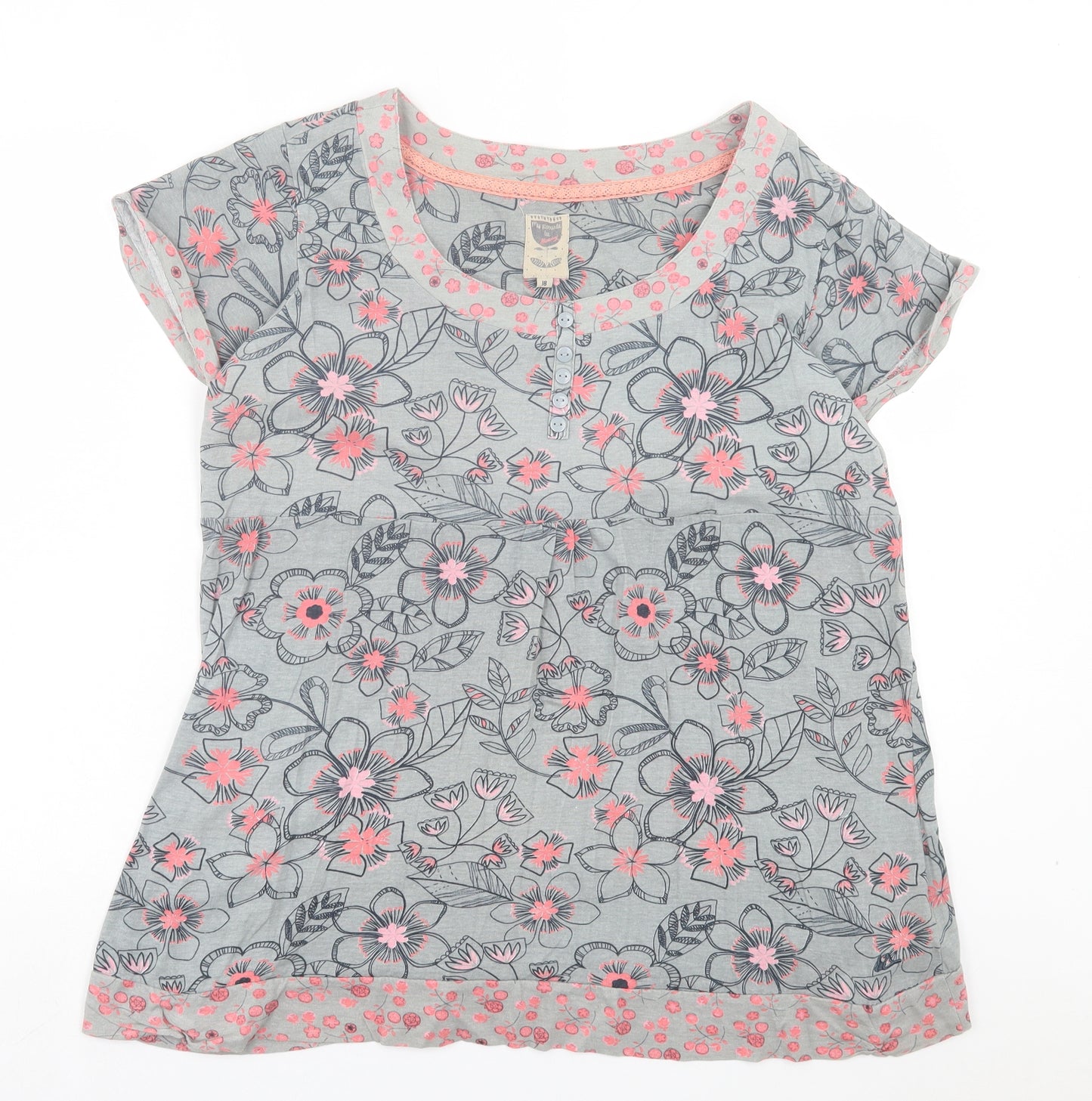 Debenhams Womens Grey Floral Cotton Basic T-Shirt Size 18 Scoop Neck