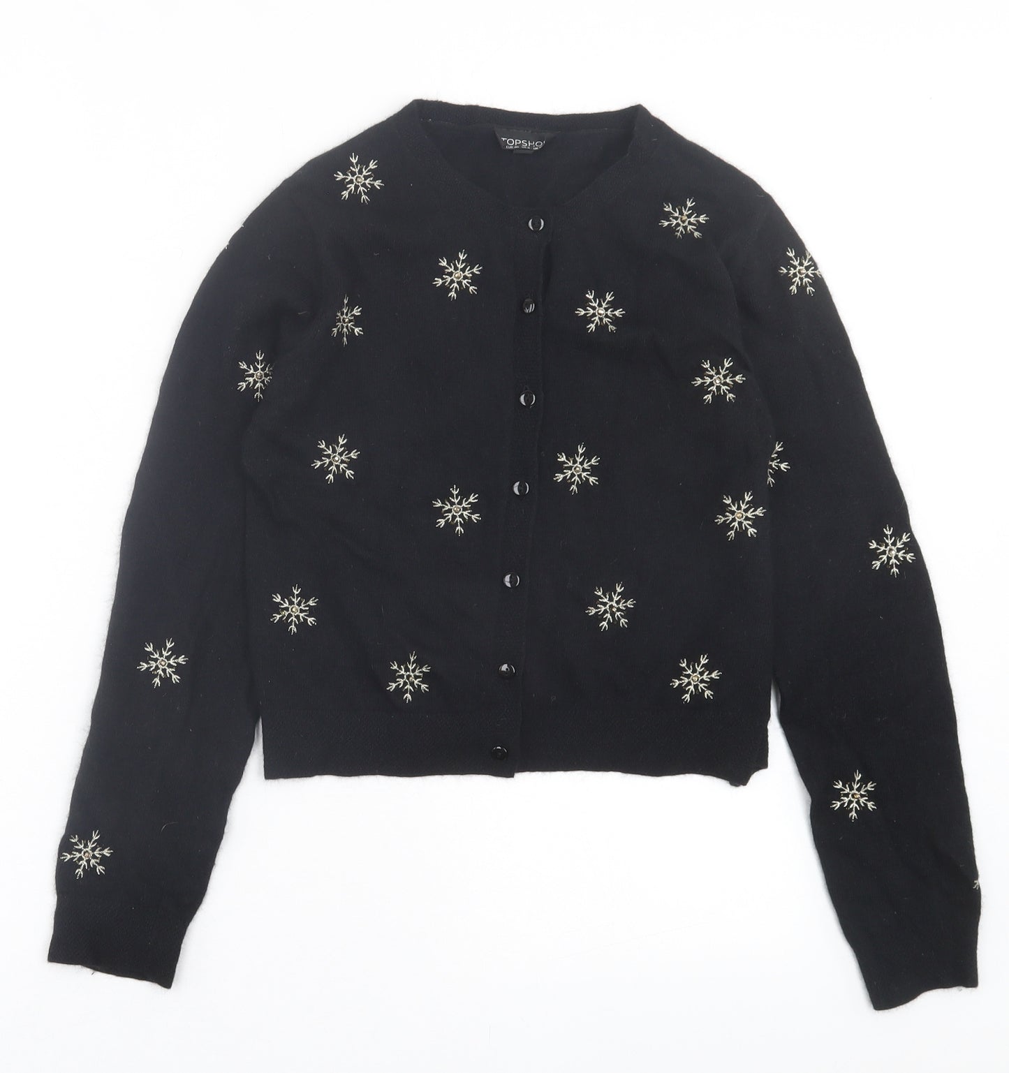 Topshop Womens Black Crew Neck Geometric Nylon Cardigan Jumper Size 12 - Snowflakes