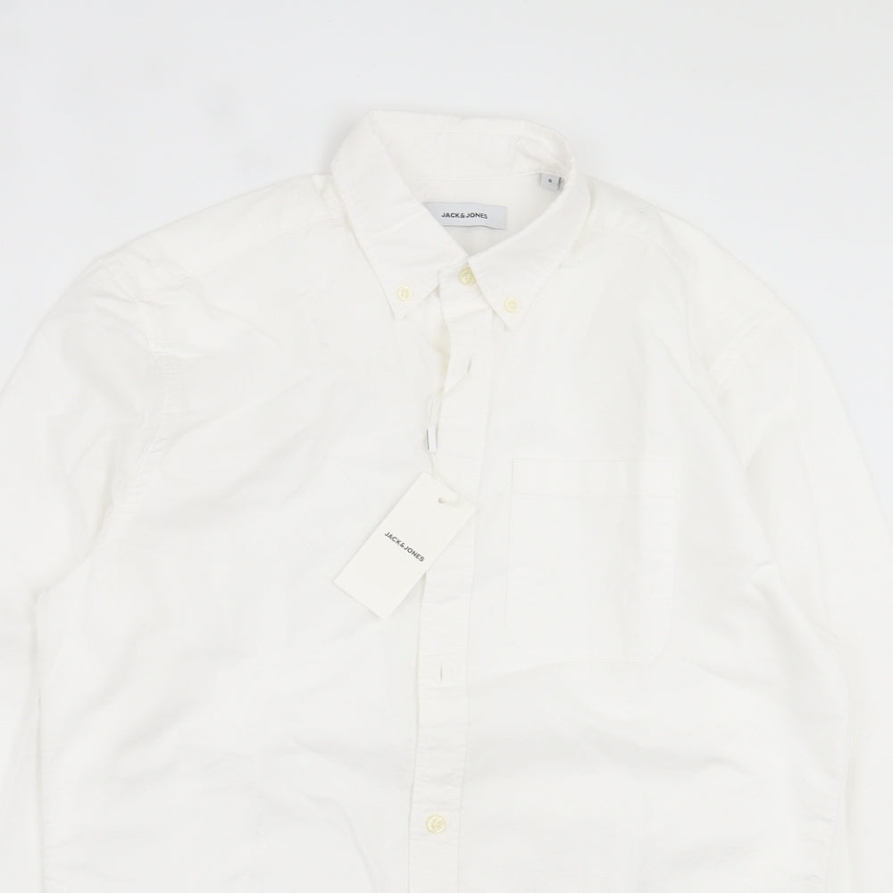 JACK & JONES Mens White Cotton Button-Up Size S Collared Button - Pocket Detail