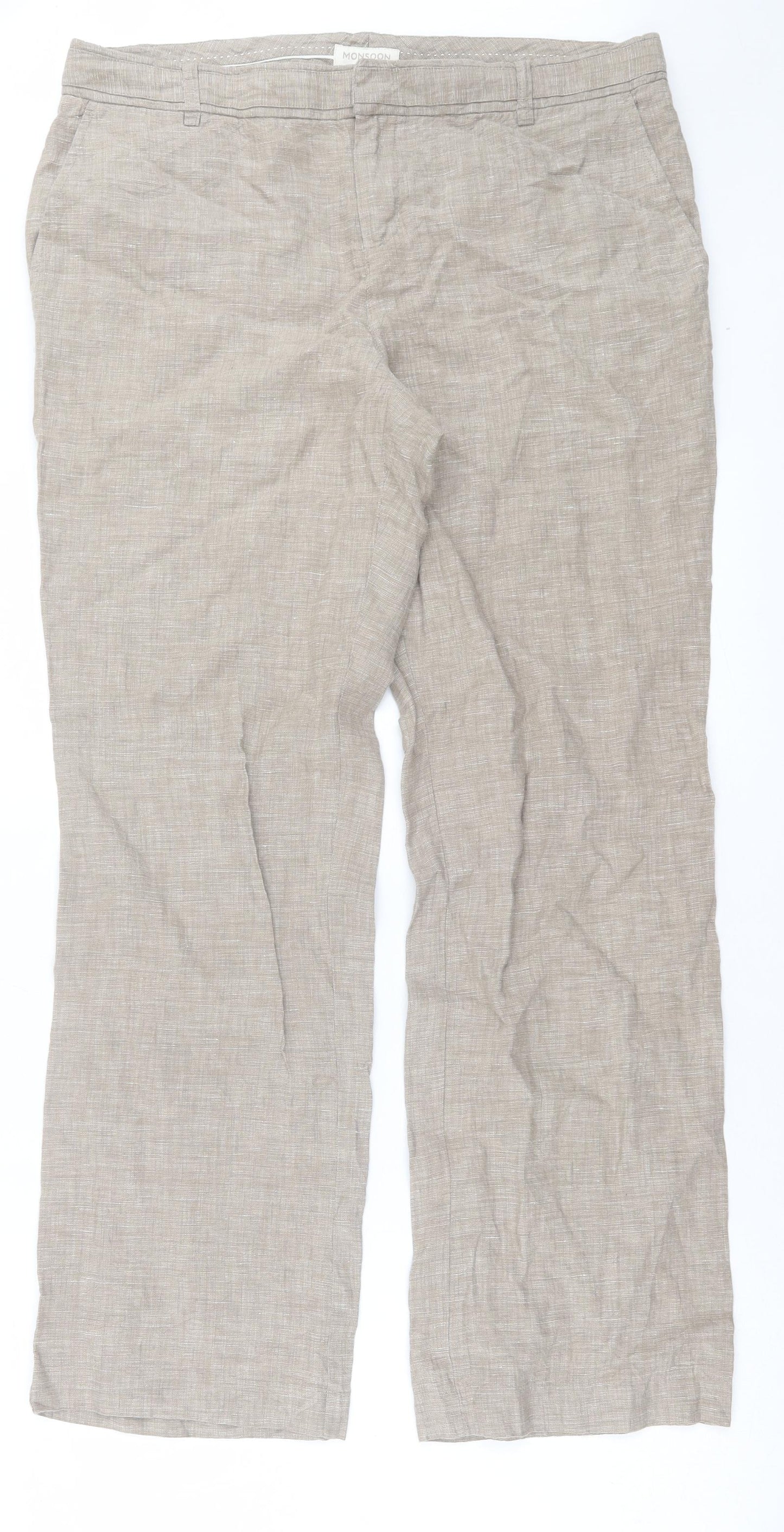 Monsoon Womens Beige Linen Trousers Size 14 L31 in Regular Hook & Eye