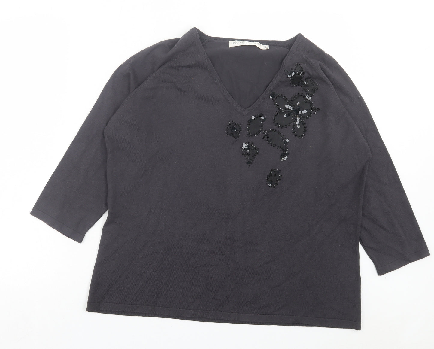 Tigi Wear Womens Black V-Neck Viscose Pullover Jumper Size 22