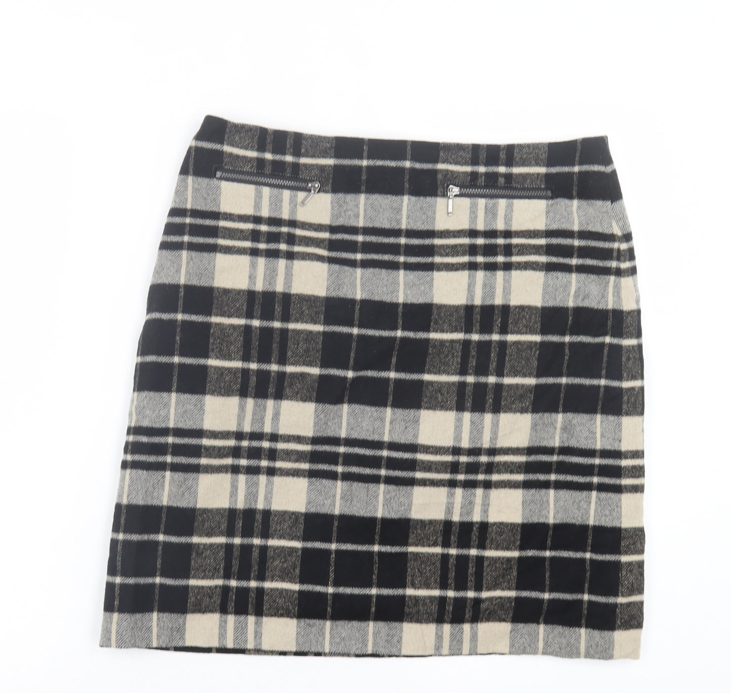 Marks and Spencer Womens Black Plaid Wool A-Line Skirt Size 12 Zip