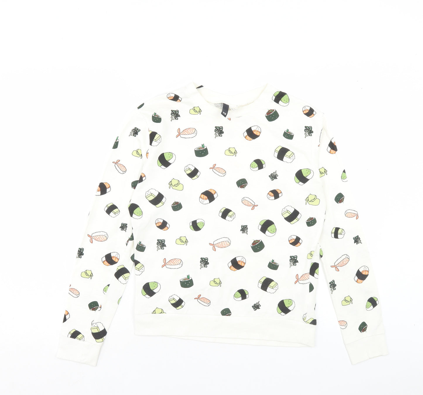 H&M Womens White Geometric Cotton Pullover Sweatshirt Size XS Pullover - Sushi