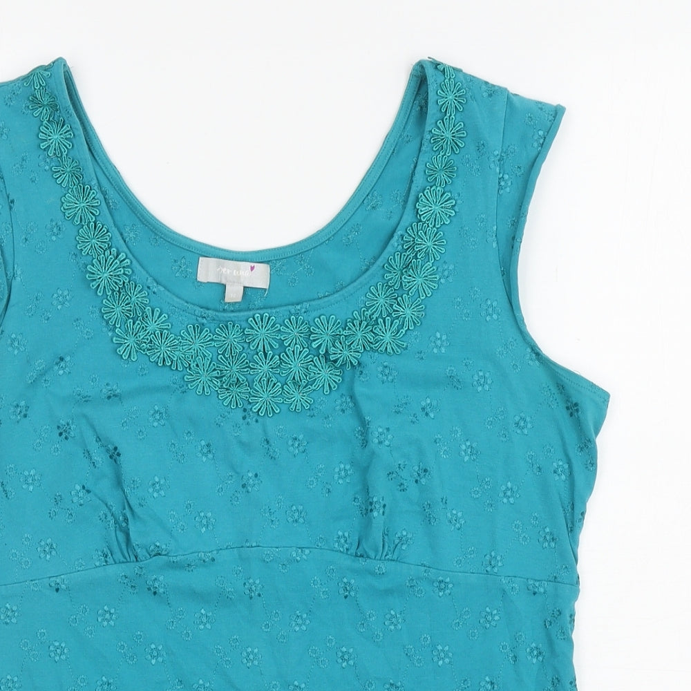 Per Una Womens Blue Floral Cotton Basic Tank Size 14 Scoop Neck