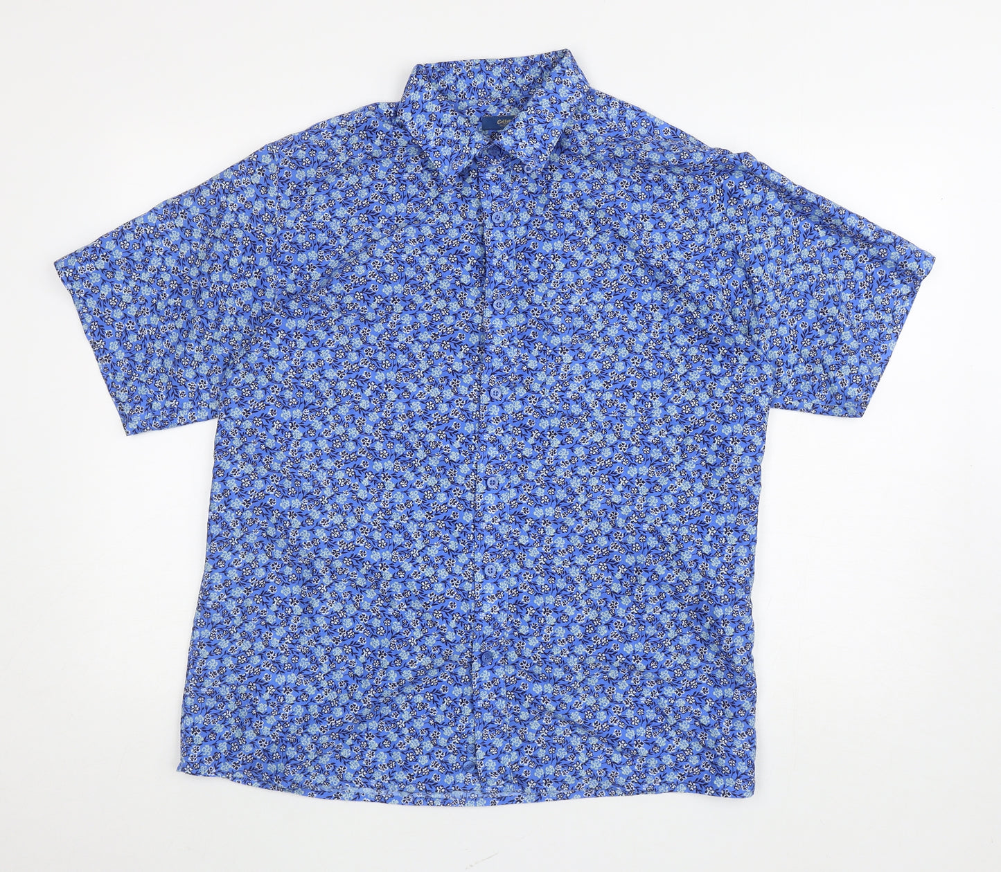 Cotton Traders Mens Blue Floral Polyester Button-Up Size M Collared Button