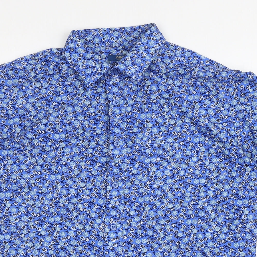 Cotton Traders Mens Blue Floral Polyester Button-Up Size M Collared Button