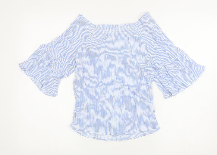 H&M Womens Blue Striped Viscose Basic Blouse Size 8 Off the Shoulder