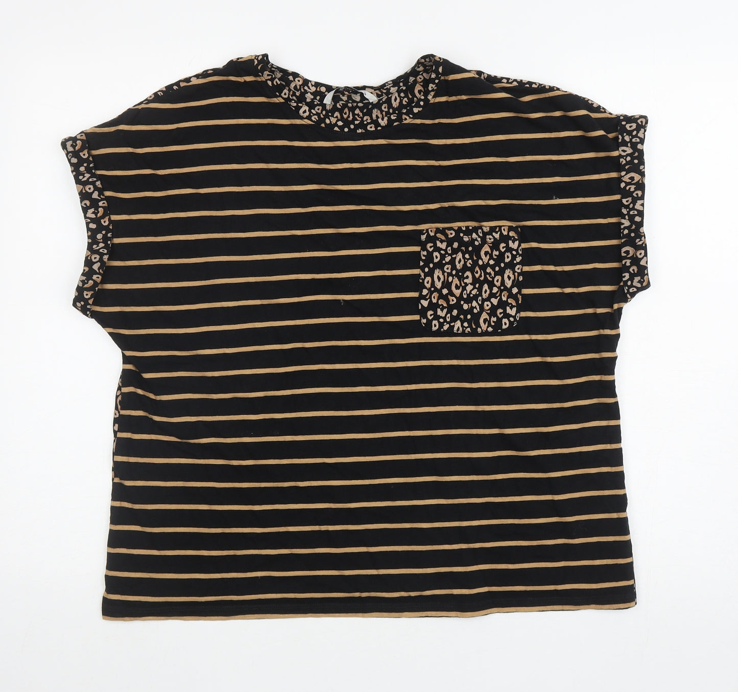 TU Womens Black Striped Cotton Basic T-Shirt Size 18 Round Neck - Leopard Print