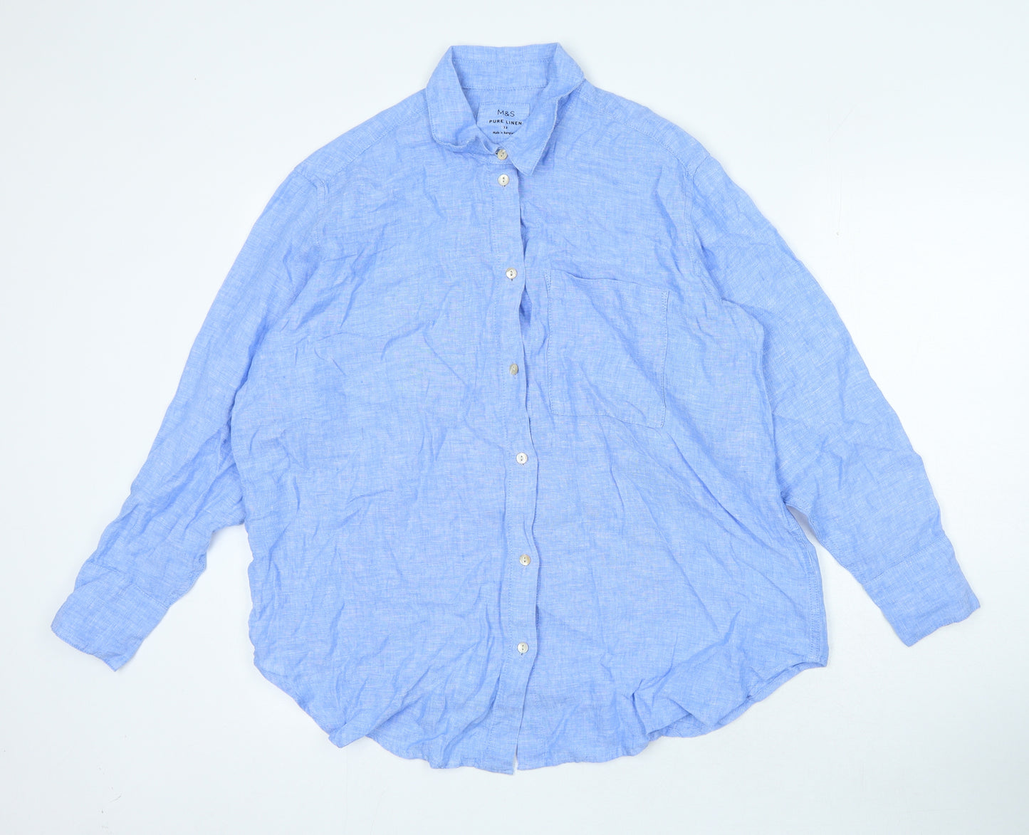 Marks and Spencer Womens Blue Linen Basic Button-Up Size 12 Collared