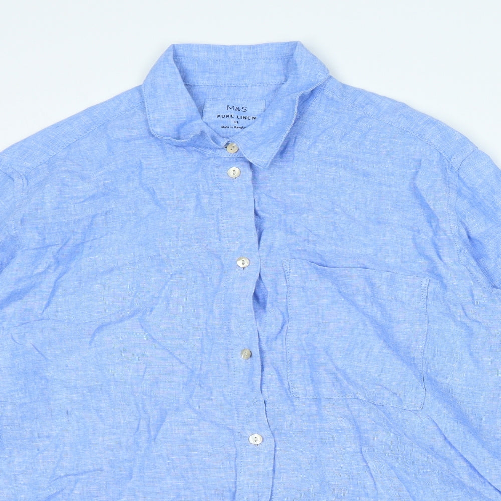 Marks and Spencer Womens Blue Linen Basic Button-Up Size 12 Collared