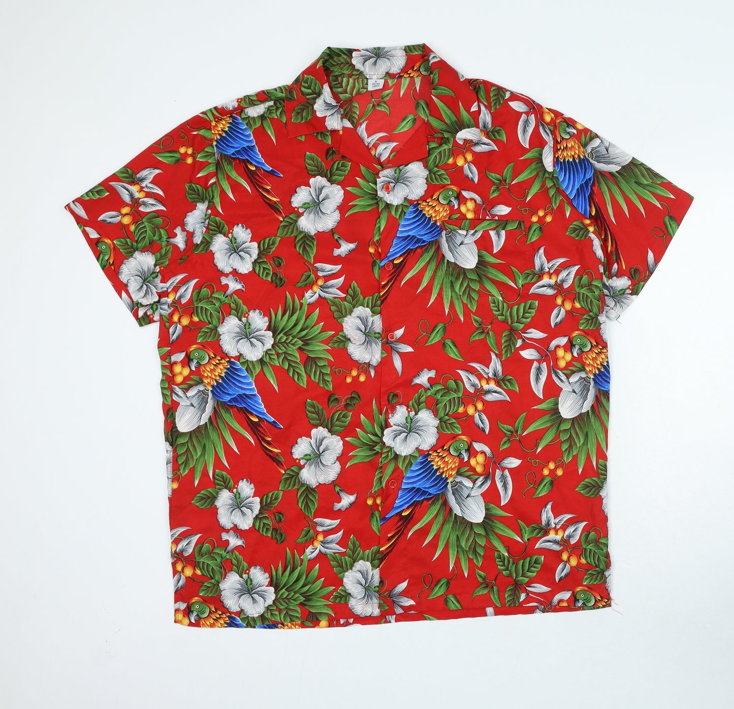 Preworn Mens Red Floral Polyester Button-Up Size XL Collared Button