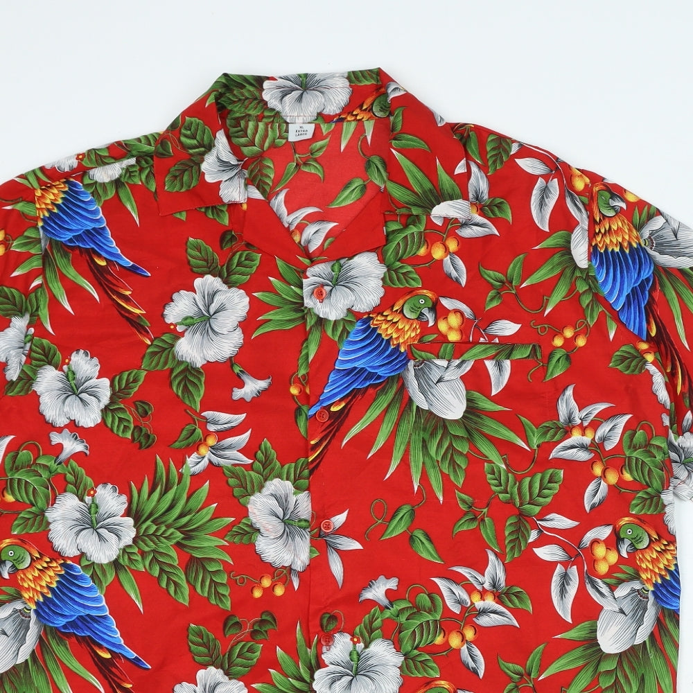 Preworn Mens Red Floral Polyester Button-Up Size XL Collared Button