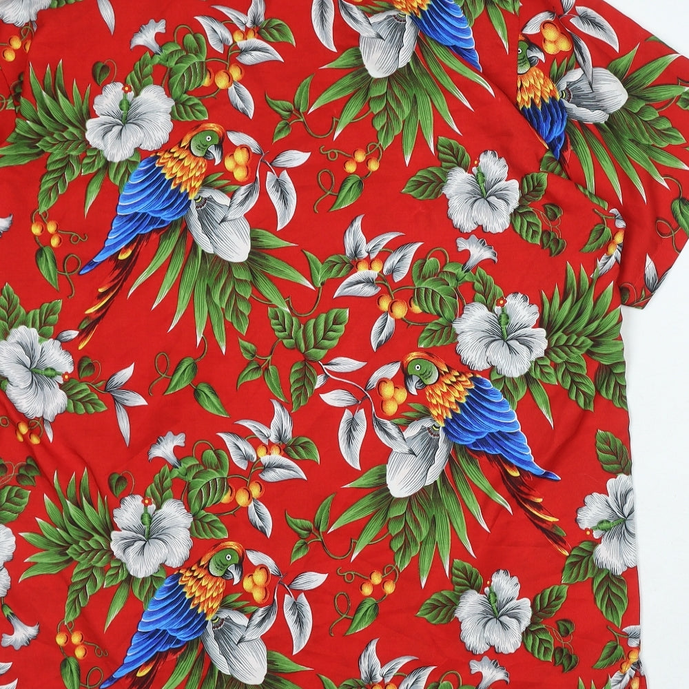 Preworn Mens Red Floral Polyester Button-Up Size XL Collared Button