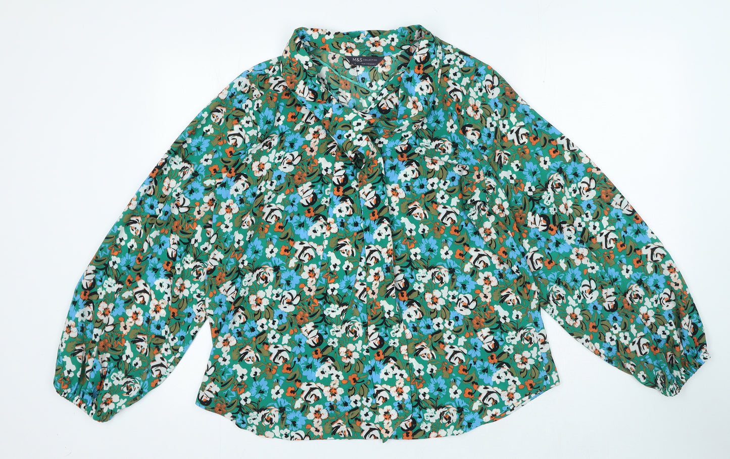 Marks and Spencer Womens Green Floral Polyester Basic Blouse Size 14 V-Neck
