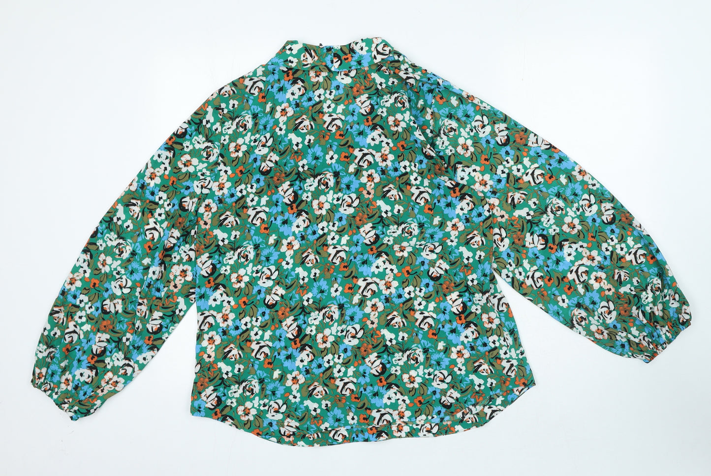 Marks and Spencer Womens Green Floral Polyester Basic Blouse Size 14 V-Neck