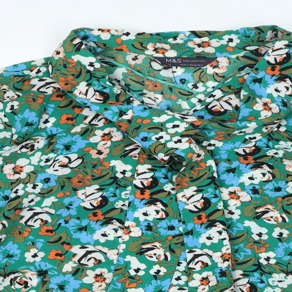 Marks and Spencer Womens Green Floral Polyester Basic Blouse Size 14 V-Neck