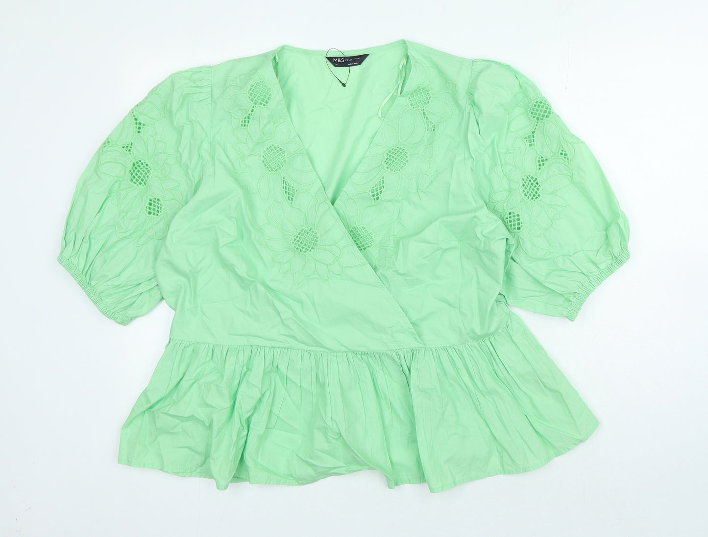 Marks and Spencer Womens Green 100% Cotton Basic Blouse Size 16 V-Neck