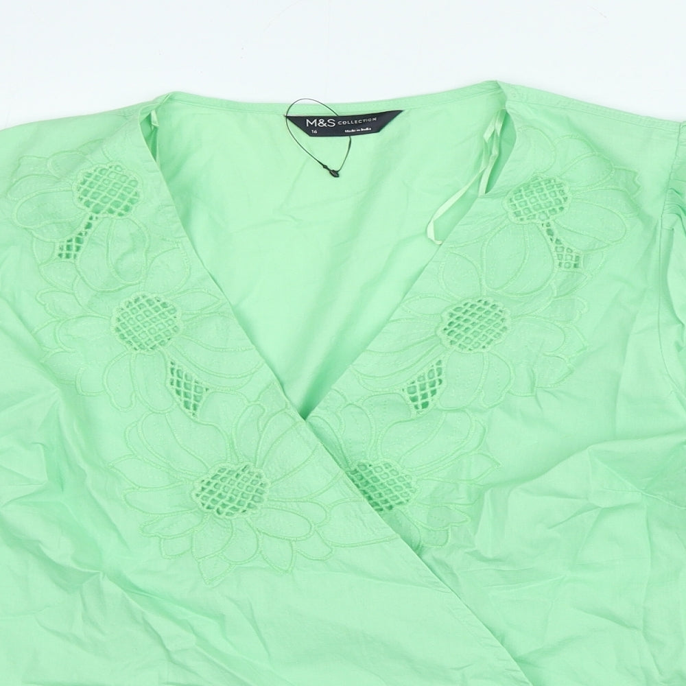 Marks and Spencer Womens Green 100% Cotton Basic Blouse Size 16 V-Neck