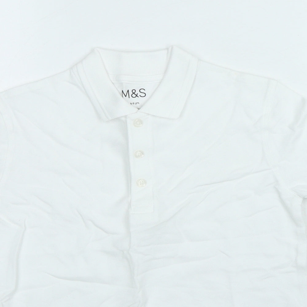 Marks and Spencer Boys White 100% Cotton Basic Polo Size 8-9 Years Collared Button