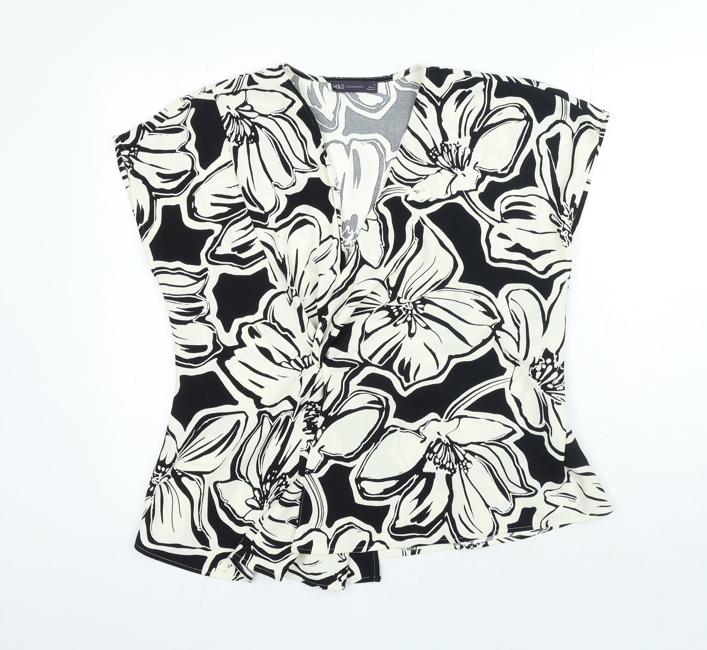 Marks and Spencer Womens Black Floral Polyester Basic Blouse Size 18 V-Neck