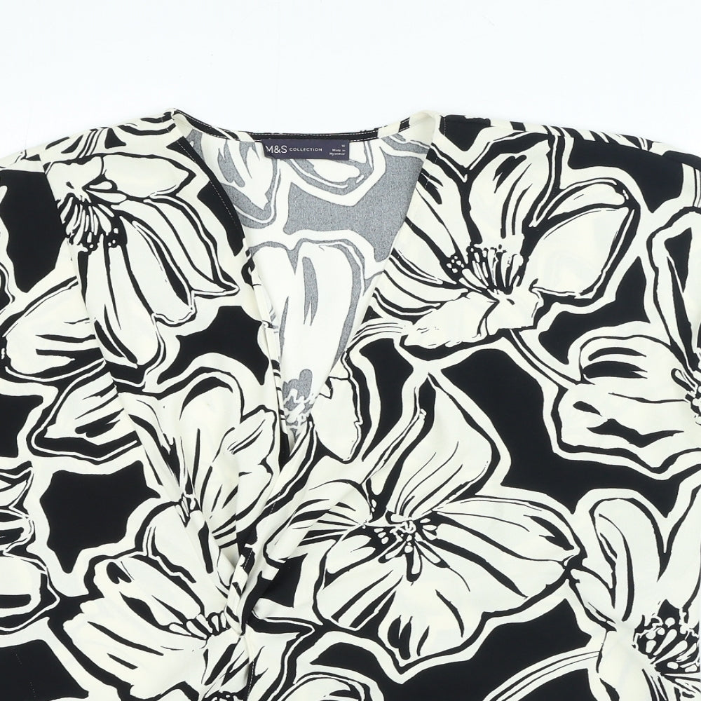 Marks and Spencer Womens Black Floral Polyester Basic Blouse Size 18 V-Neck