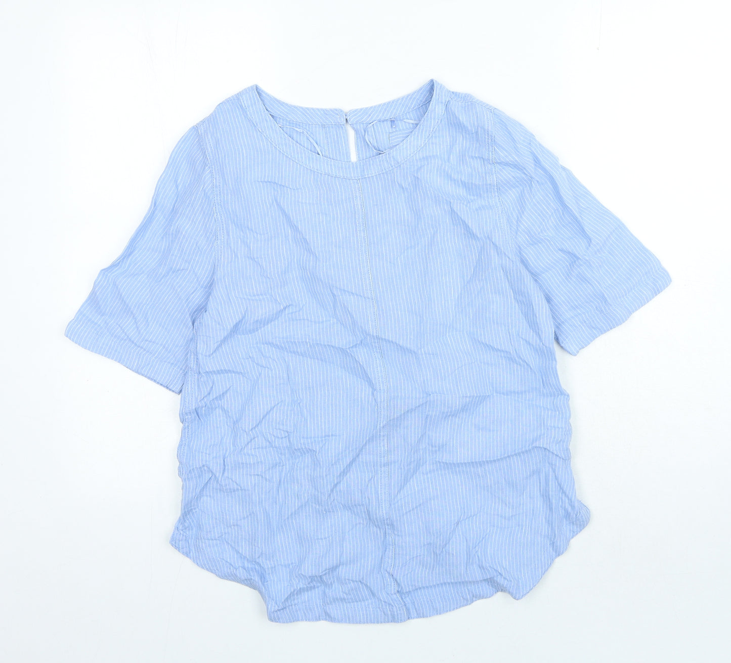 Marks and Spencer Womens Blue Striped Linen Basic Blouse Size 8 Round Neck