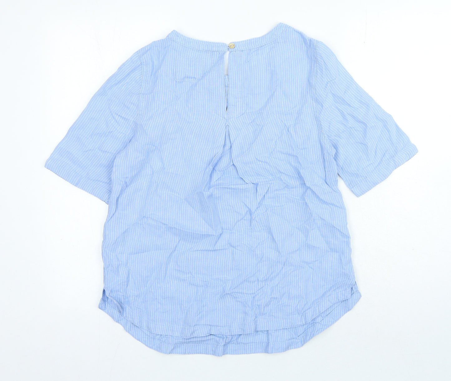 Marks and Spencer Womens Blue Striped Linen Basic Blouse Size 8 Round Neck