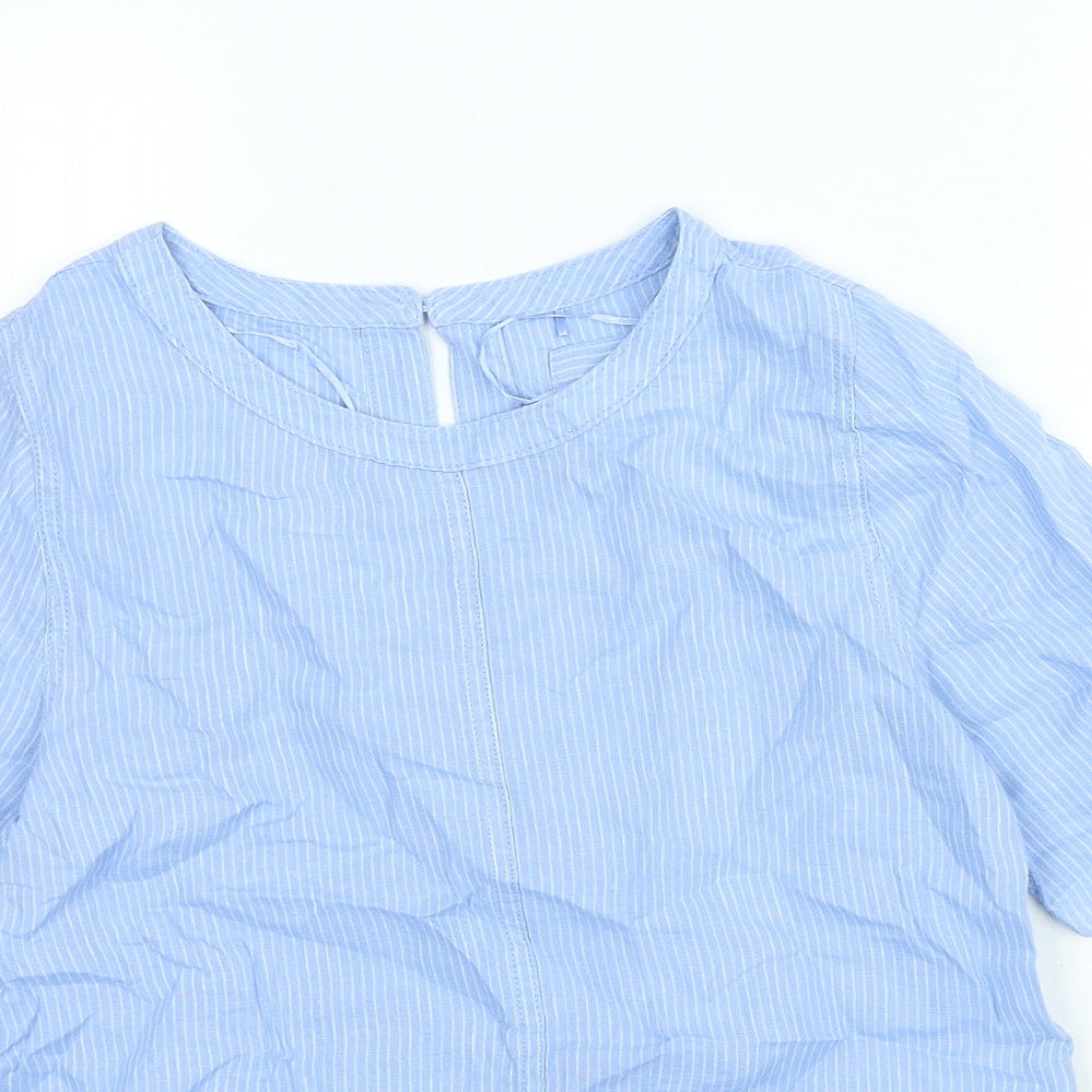 Marks and Spencer Womens Blue Striped Linen Basic Blouse Size 8 Round Neck