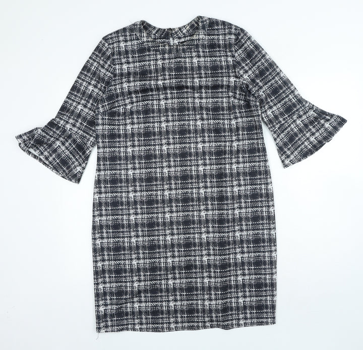 Dorothy Perkins Womens Black Plaid Polyester A-Line Size 14 Round Neck Hook & Loop