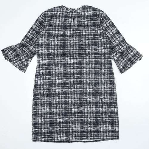 Dorothy Perkins Womens Black Plaid Polyester A-Line Size 14 Round Neck Hook & Loop