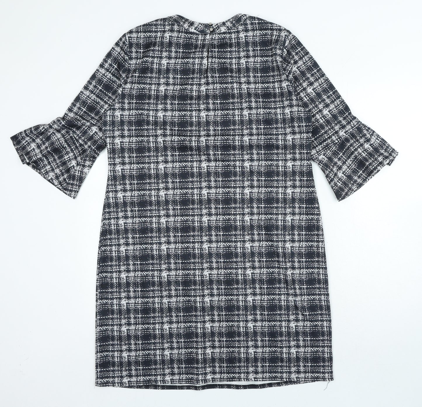 Dorothy Perkins Womens Black Plaid Polyester A-Line Size 14 Round Neck Hook & Loop