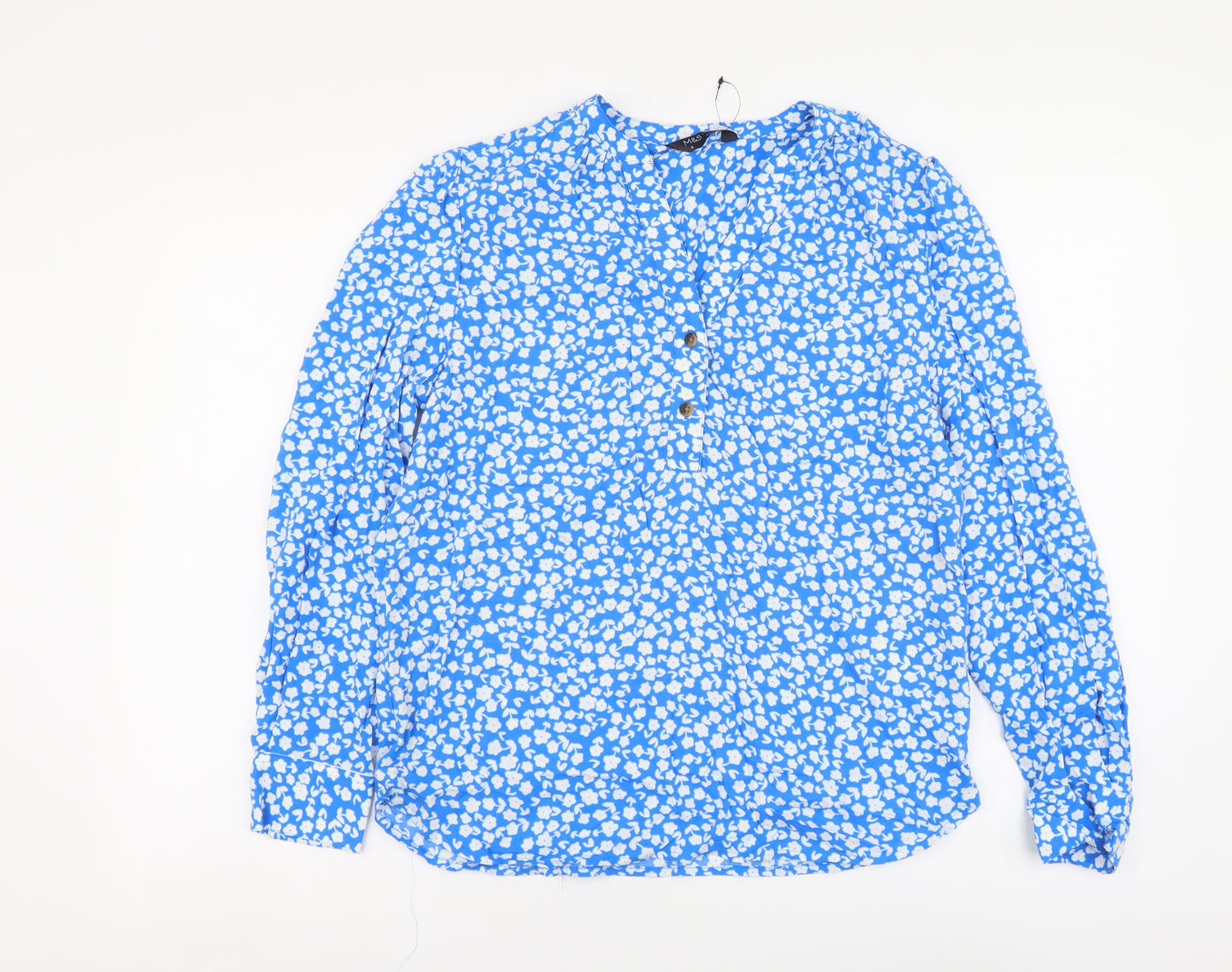 Marks and Spencer Womens Blue Geometric Viscose Basic Blouse Size 8 V-Neck