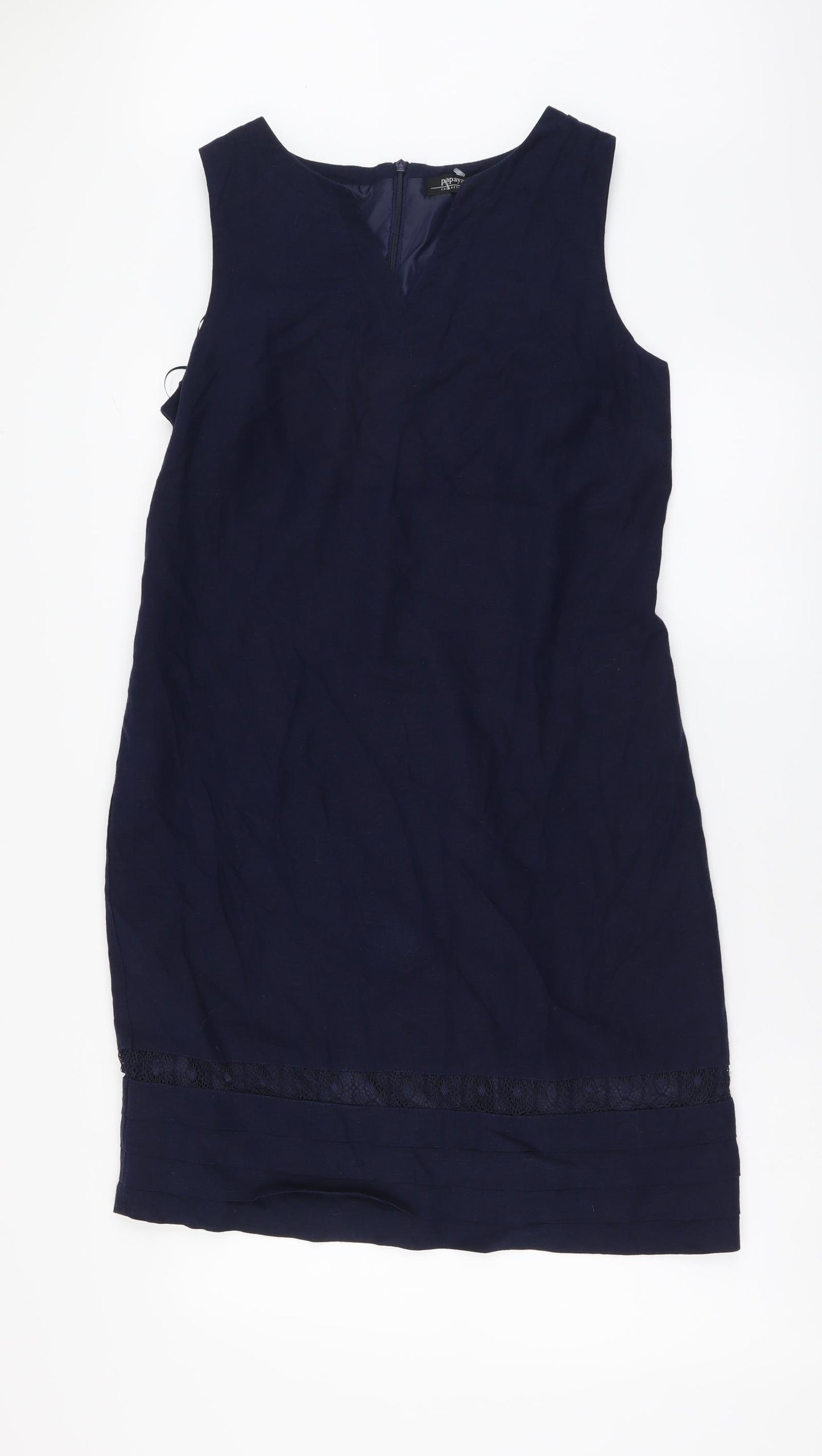 Papaya Womens Blue Linen A-Line Size 14 V-Neck Zip - Lace Detail