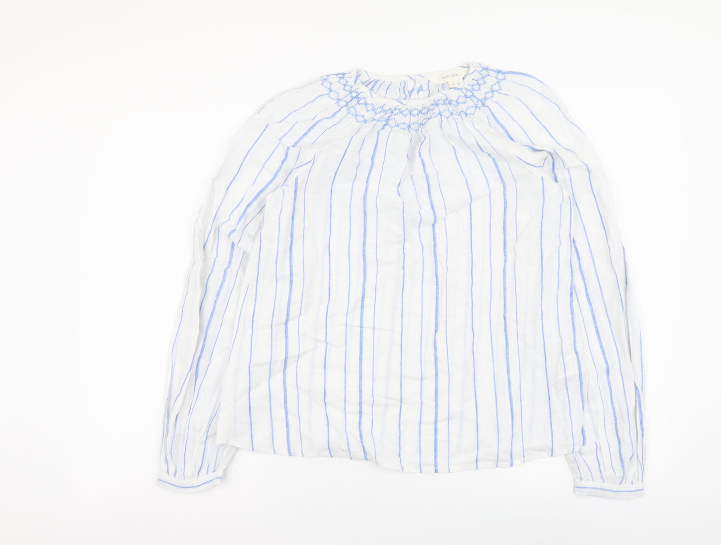 Per Una Womens Blue Striped Linen Basic Blouse Size 6 Round Neck