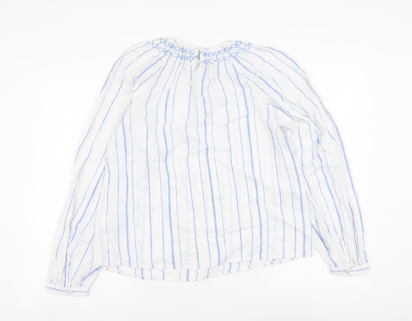 Per Una Womens Blue Striped Linen Basic Blouse Size 6 Round Neck