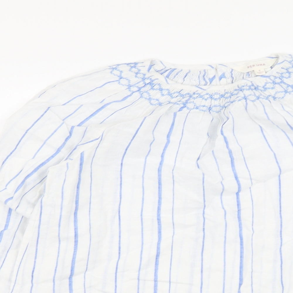 Per Una Womens Blue Striped Linen Basic Blouse Size 6 Round Neck