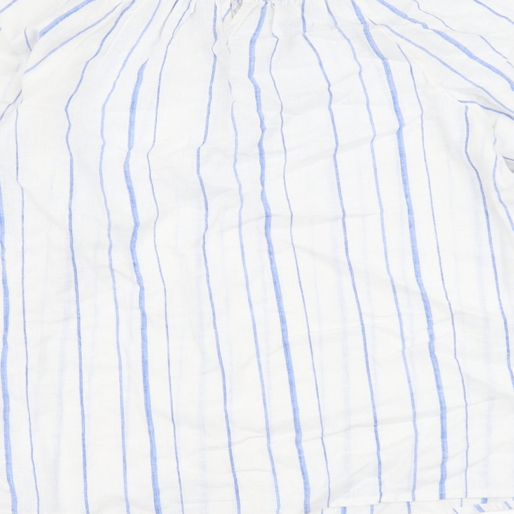 Per Una Womens Blue Striped Linen Basic Blouse Size 6 Round Neck
