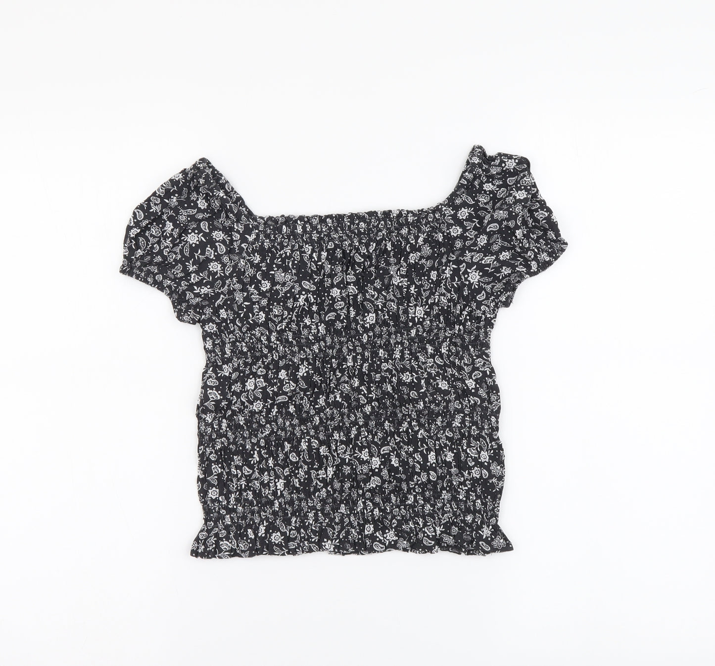 Marks and Spencer Girls Grey Floral Viscose Basic Blouse Size 8-9 Years Square Neck Pullover