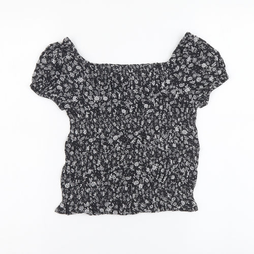 Marks and Spencer Girls Grey Floral Viscose Basic Blouse Size 8-9 Years Square Neck Pullover