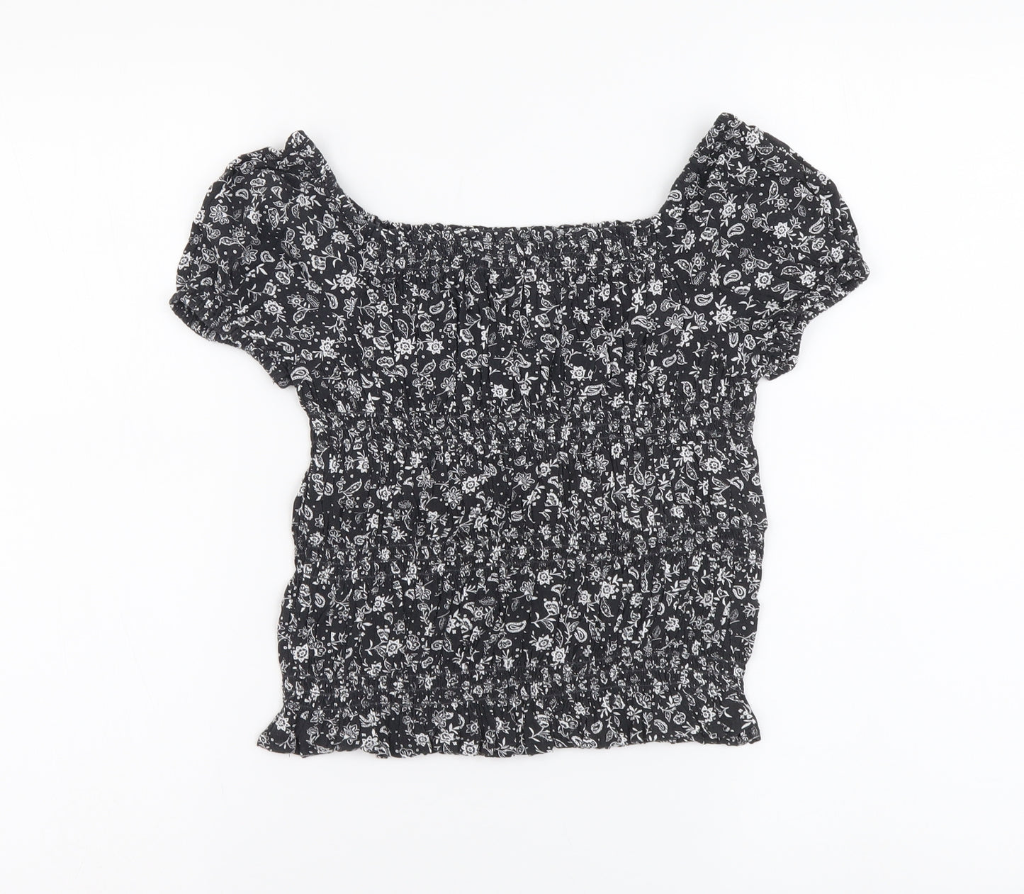 Marks and Spencer Girls Grey Floral Viscose Basic Blouse Size 8-9 Years Square Neck Pullover
