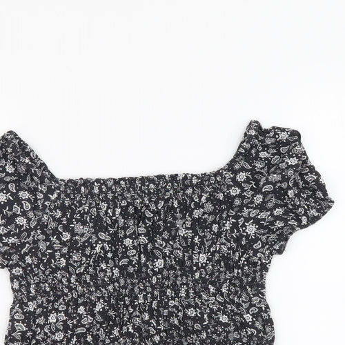 Marks and Spencer Girls Grey Floral Viscose Basic Blouse Size 8-9 Years Square Neck Pullover