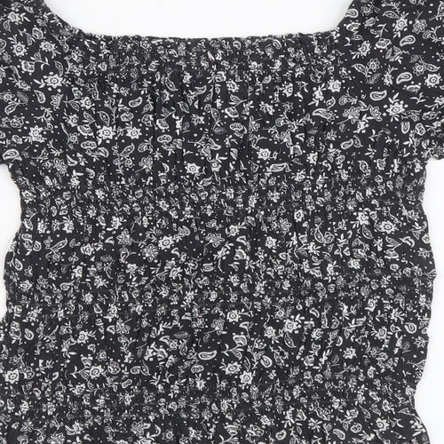 Marks and Spencer Girls Grey Floral Viscose Basic Blouse Size 8-9 Years Square Neck Pullover