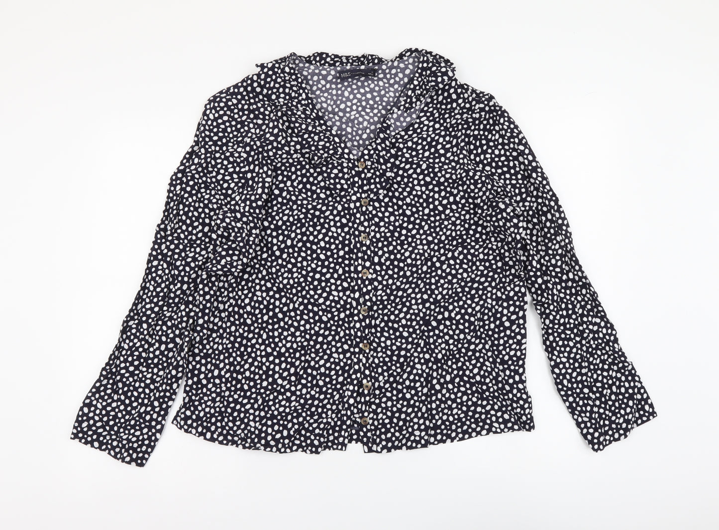 Marks and Spencer Womens Black Geometric Viscose Basic Button-Up Size 14 Collared