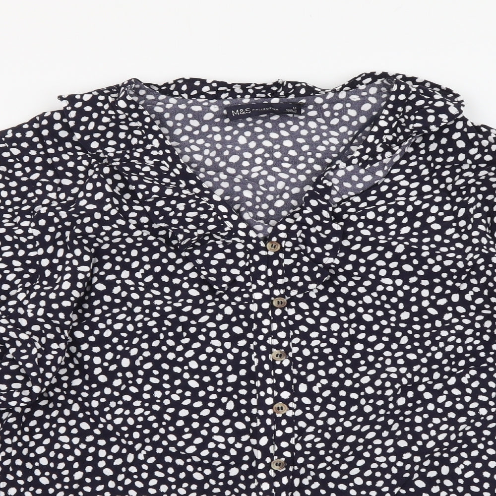 Marks and Spencer Womens Black Geometric Viscose Basic Button-Up Size 14 Collared