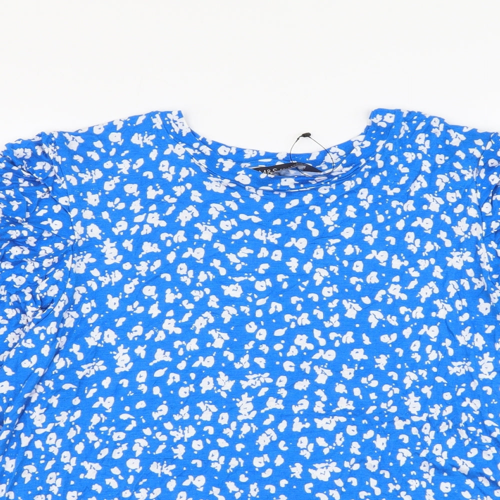 Marks and Spencer Womens Blue Geometric Viscose Basic Blouse Size 14 Round Neck